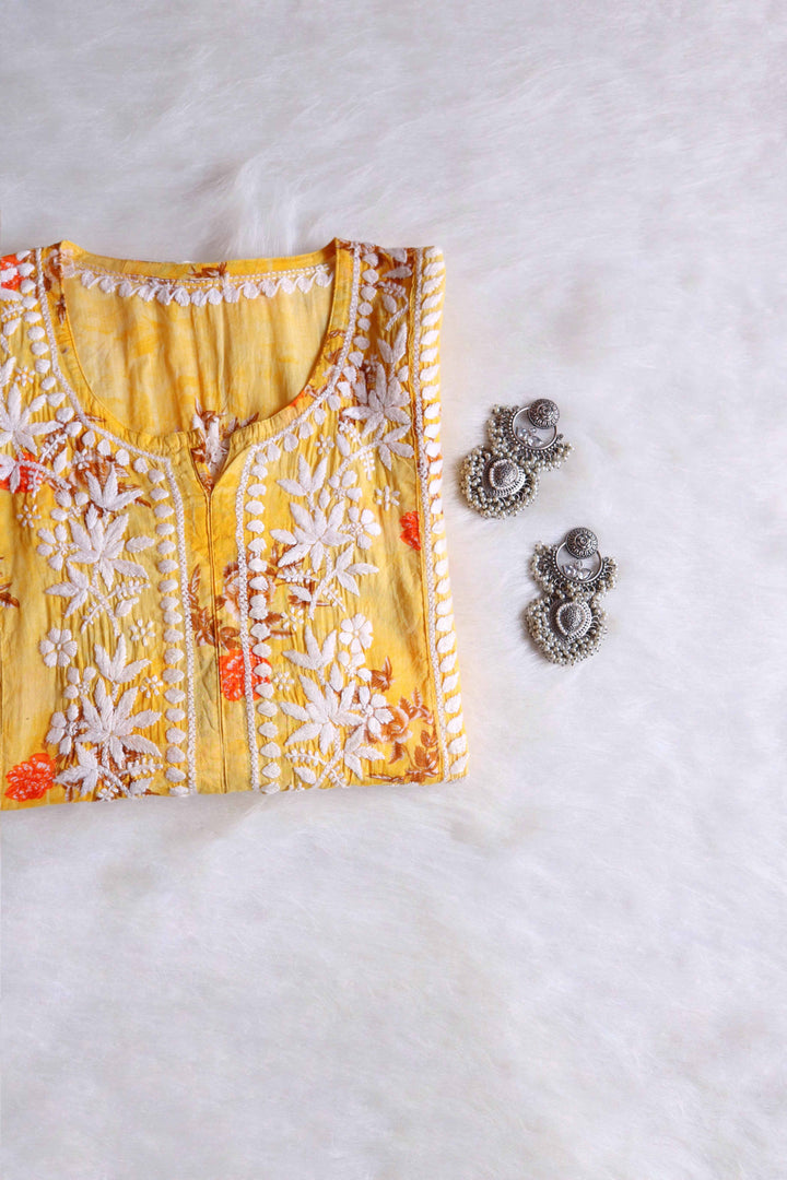 Gul Premium Yellow Floral Long MulMul kurta