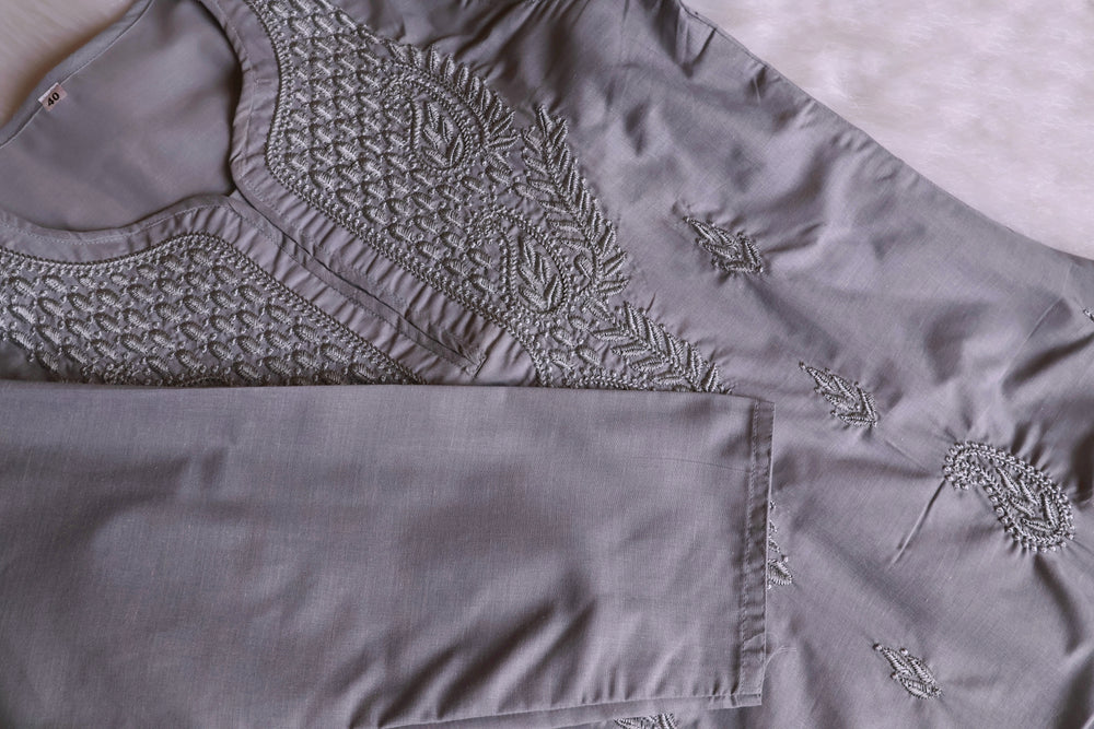 Zahra Grey Cotton Kurta - Noor Chikankari