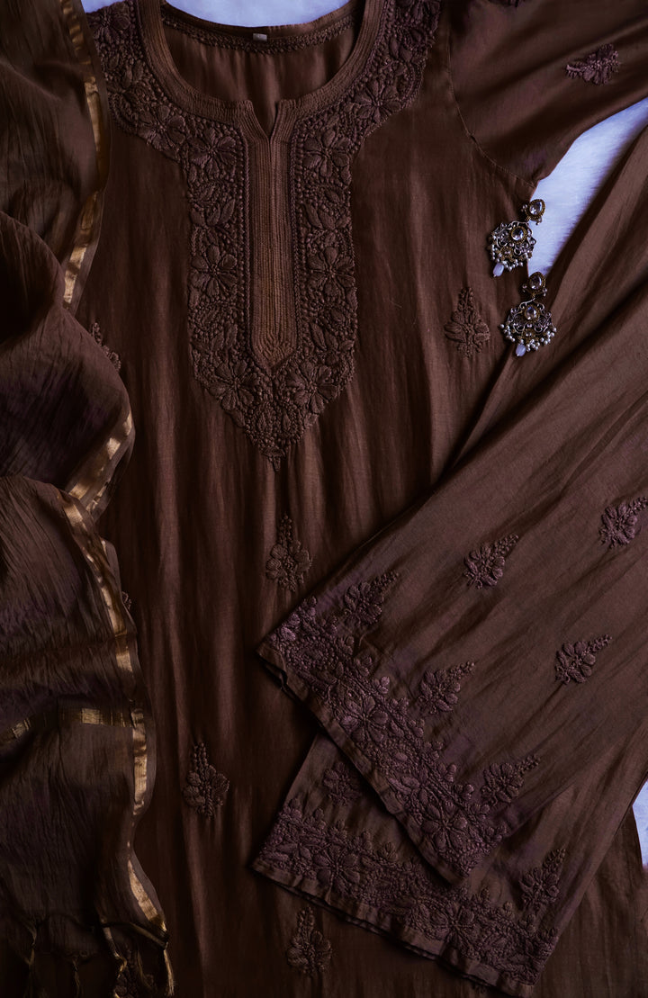 Zimra Luxe Chocolate Brown 3 Piece Pure Chanderi set