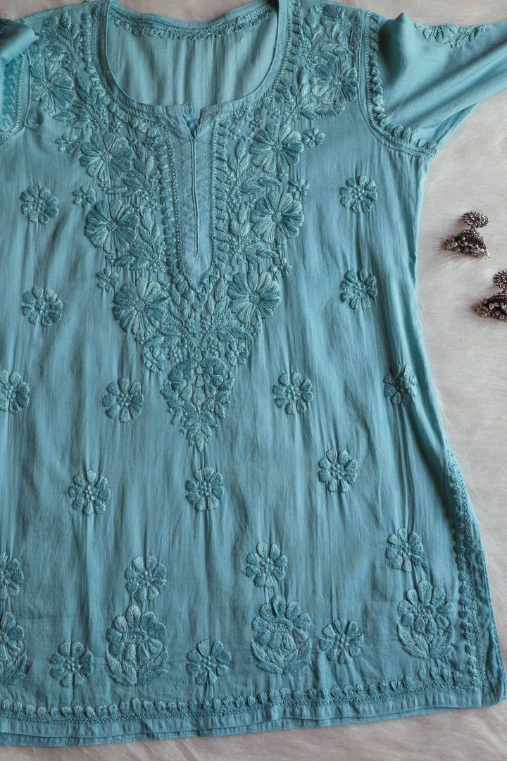 Nazakat Sea Blue Cotton short kurta