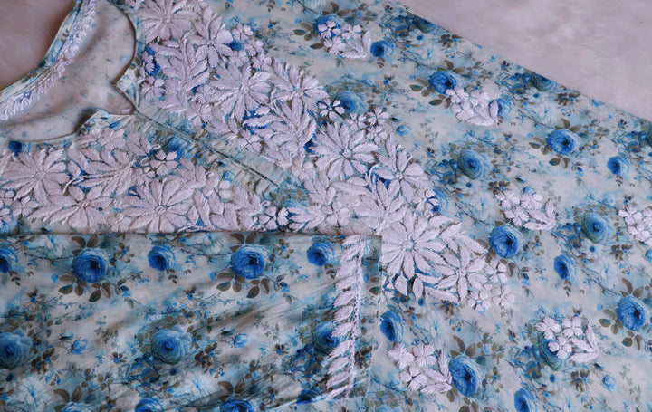 Gulbahaar Ice Blue Floral Long Rayon kurta
