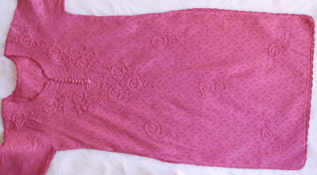 Mauve Pink Long Jacquard Cotton kurta - Noor Chikankari