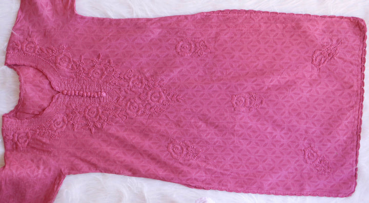 Mauve Pink Long Jacquard Cotton kurta - Noor Chikankari