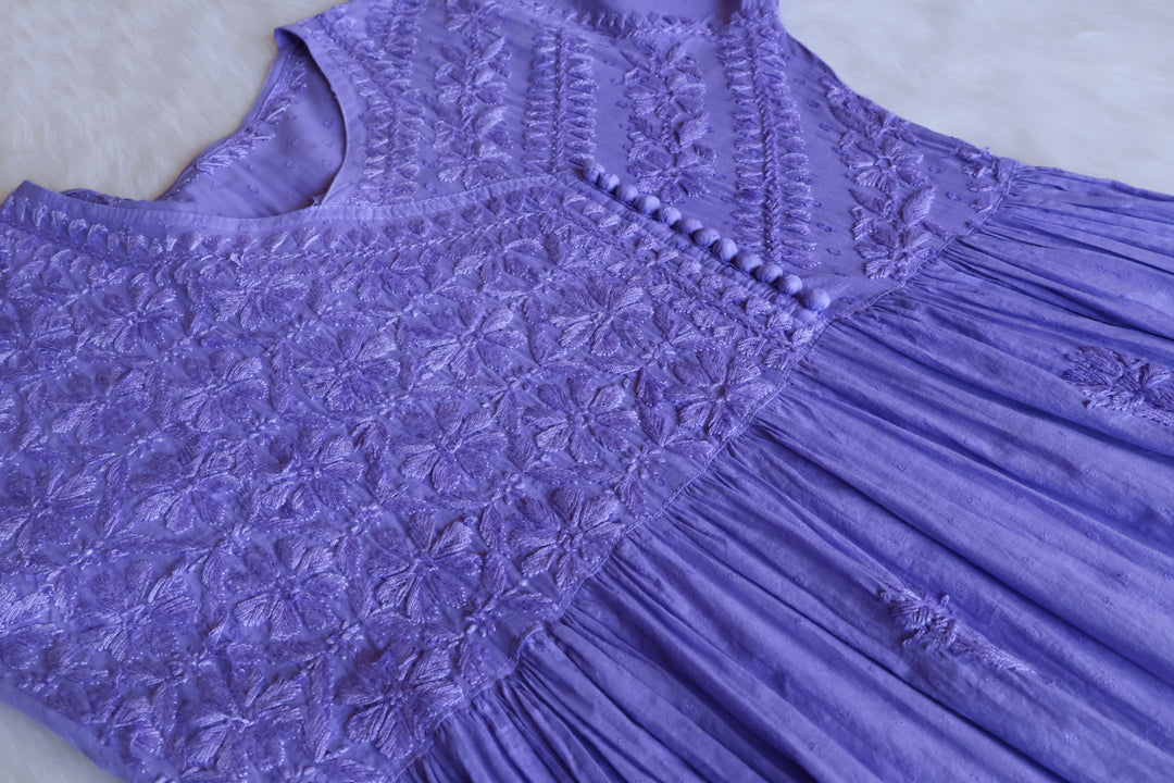Nazakat Lilac Pure Cotton Angarakha Dress - Noor Chikankari