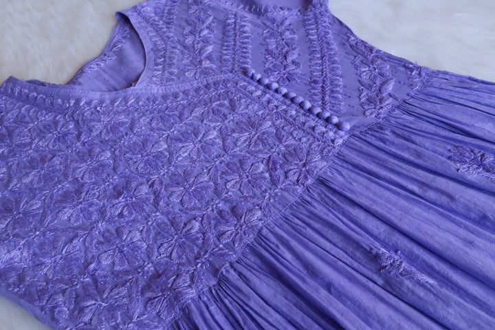 Nazakat Lilac Pure Cotton Angarakha Dress - Noor Chikankari