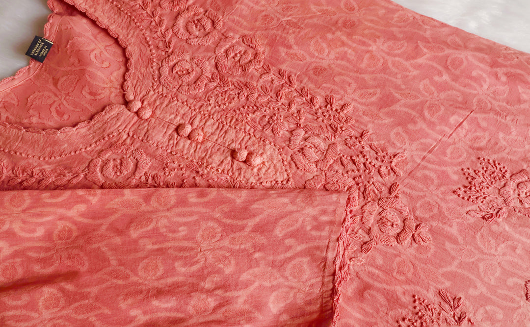 Peach Long Jacquard Lace Cotton kurta