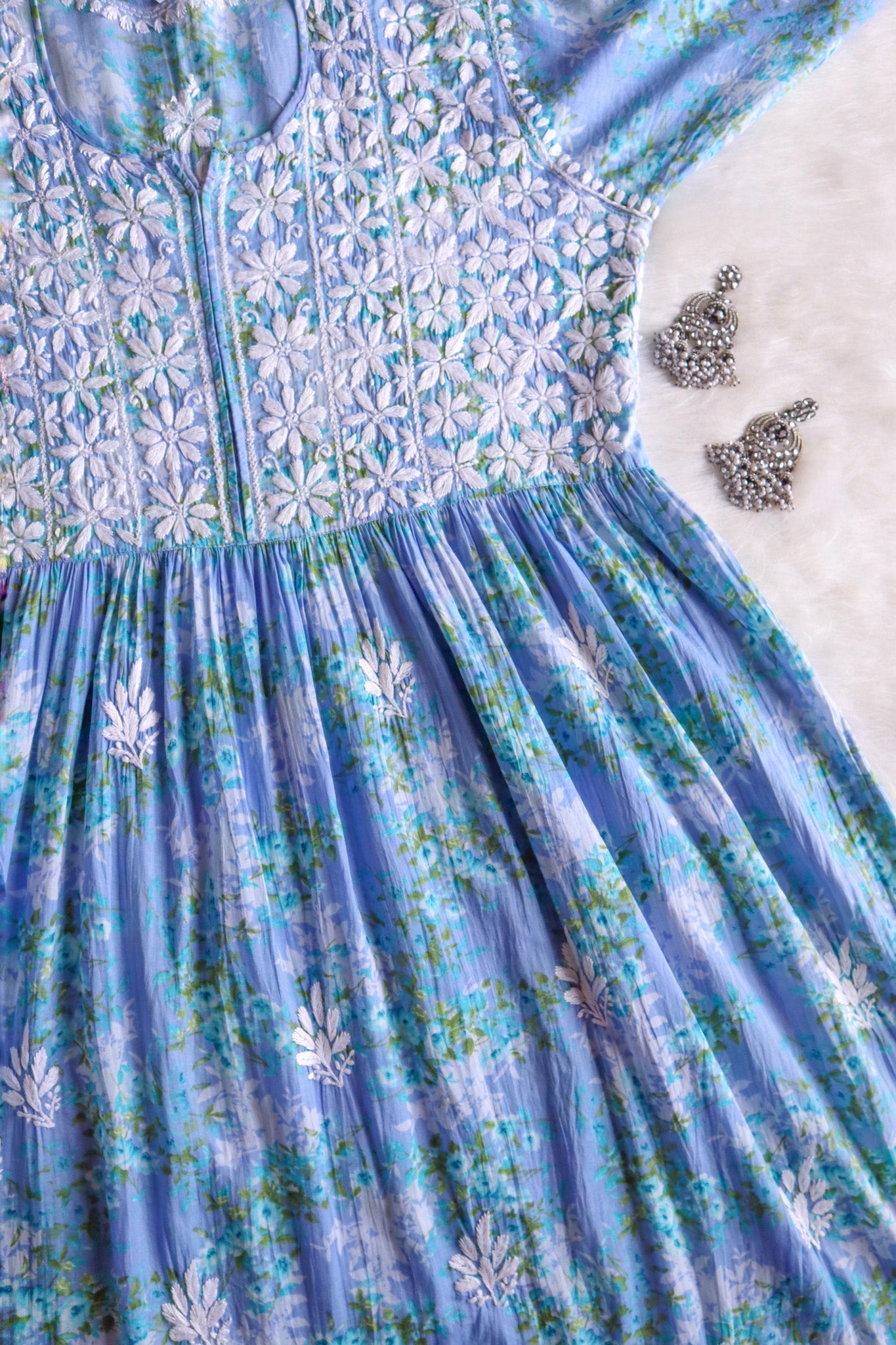 Meera Ice Blue Floral Mulmul Fit & flare Dress
