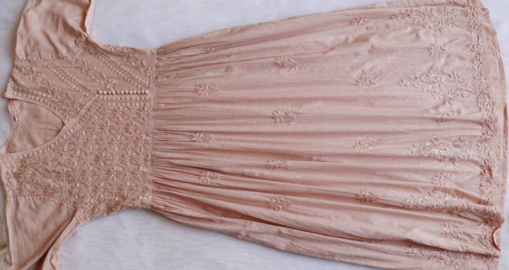 Nazakat Beige Pure Cotton Angarakha Dress - Noor Chikankari