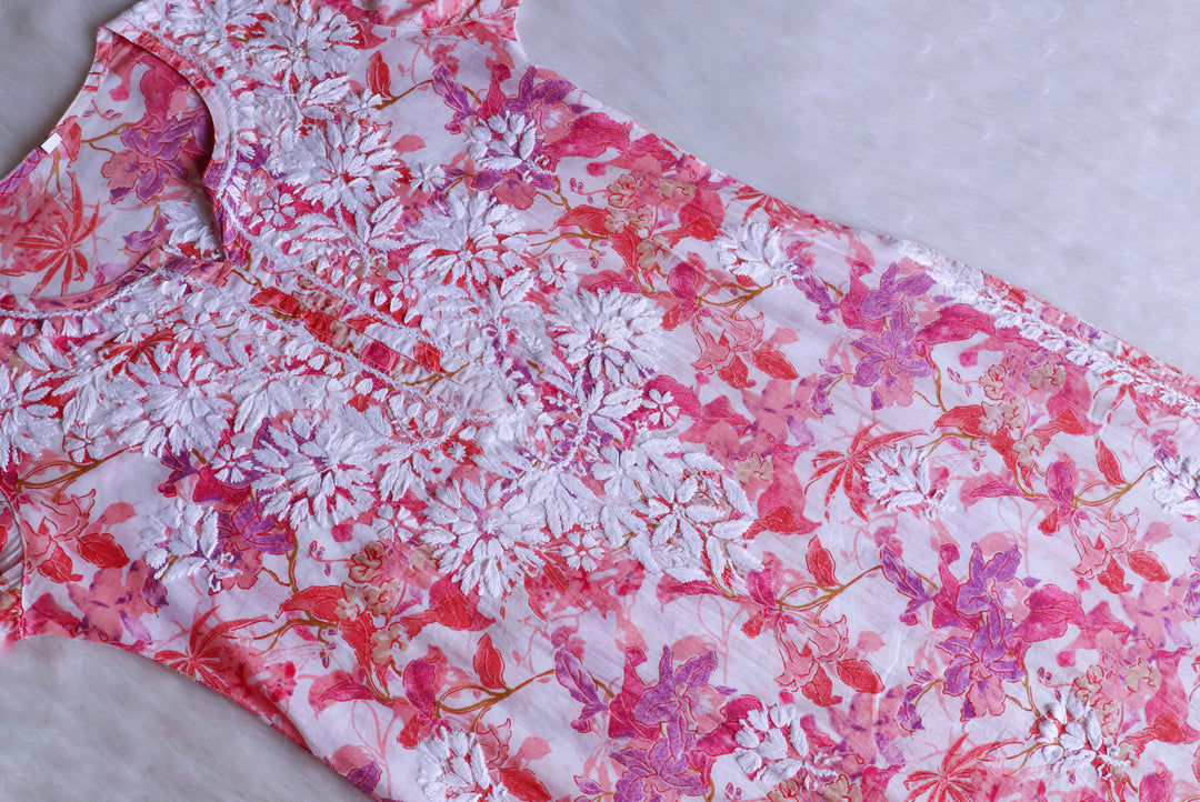 Maahgul Pink Floral Long MulMul kurta