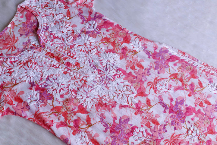 Maahgul Pink Floral Long MulMul kurta