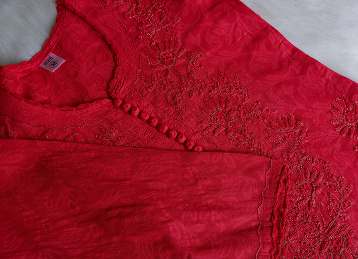 Coral Red Long Cotton Jacquard kurta