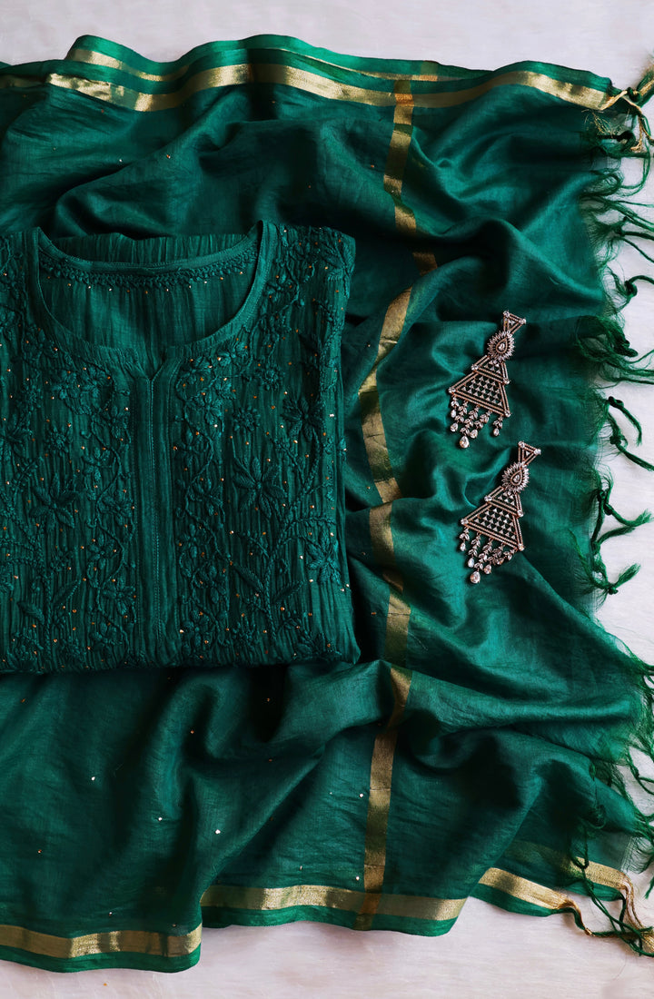 Naqsh Deep Green Pure Chanderi Mulmul Set