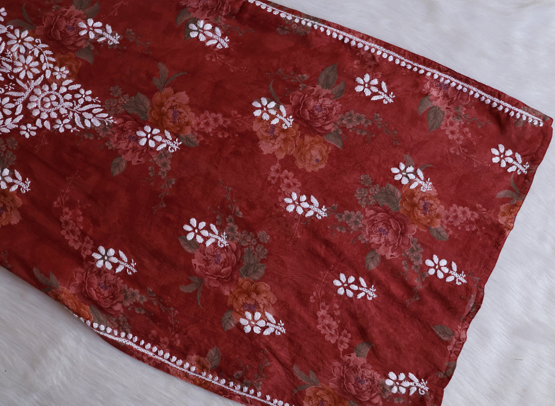Dahlia Brick Red Floral Long MulMul kurta
