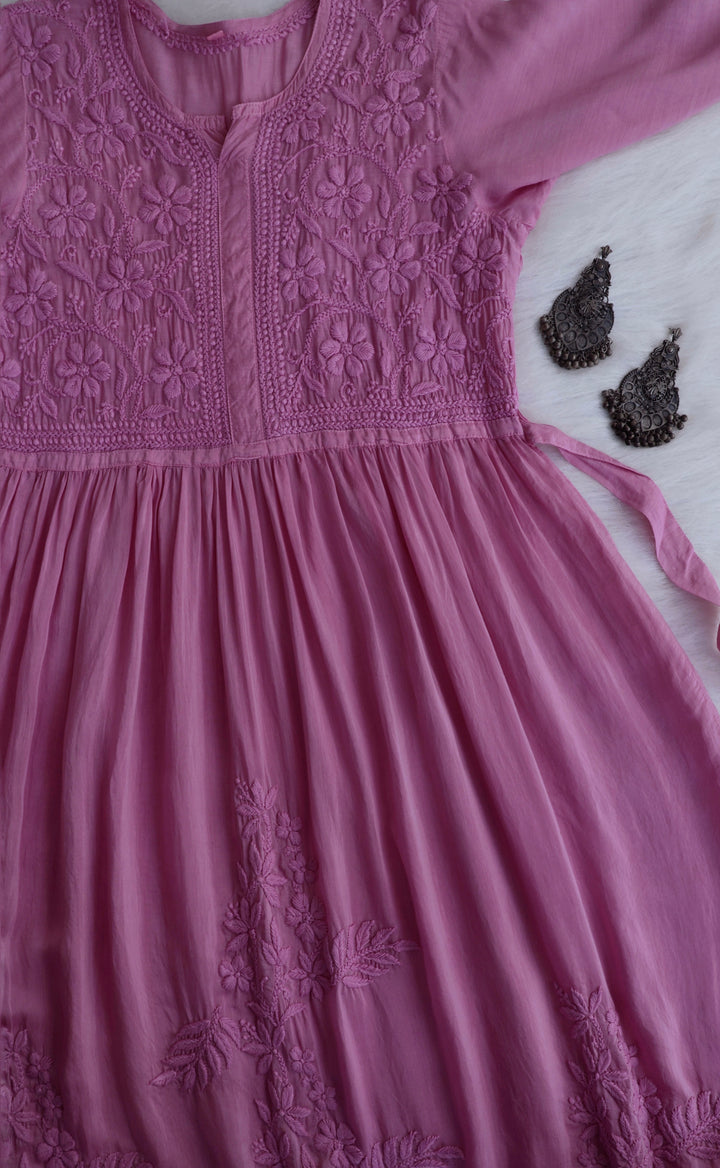 Aafiyat Pure Muslin Dusty Purple Chikankari Fit and Flare dress