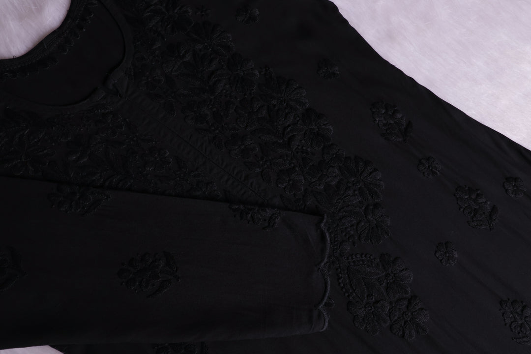 Gul Black Scalloped Long Rayon Kurta