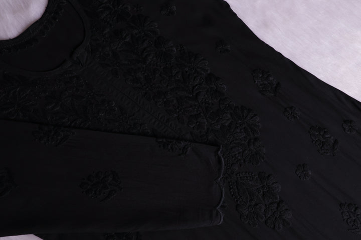 Gul Black Scalloped Long Rayon Kurta