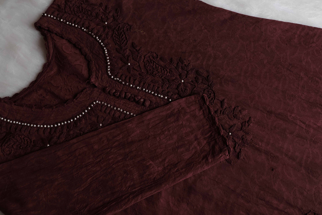 Chocolate Brown Long Cotton Jacquard Pearl kurta