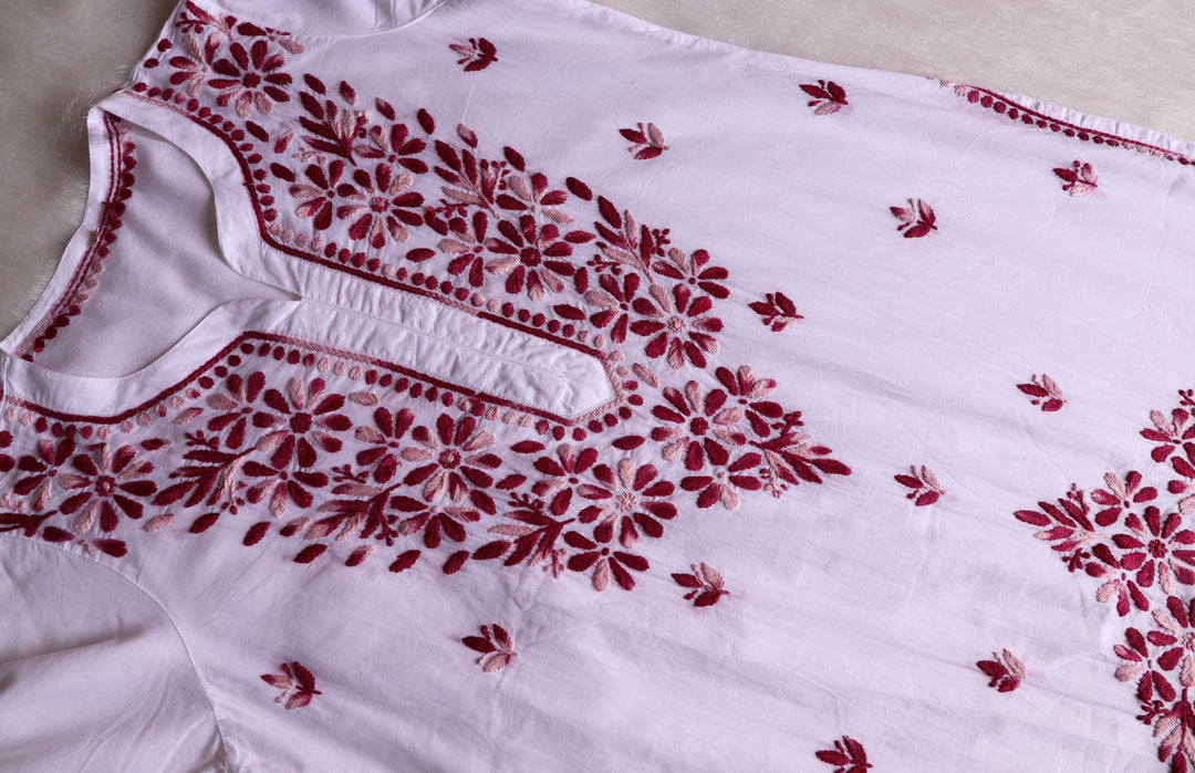 Gul Kashmiri White & Maroon Pure Cotton Kurta