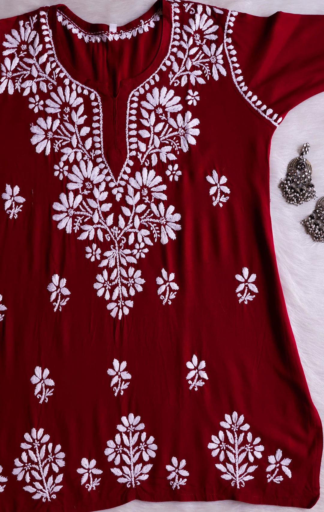 Aayat Maroon Short Rayon Kurta - Noor Chikankari