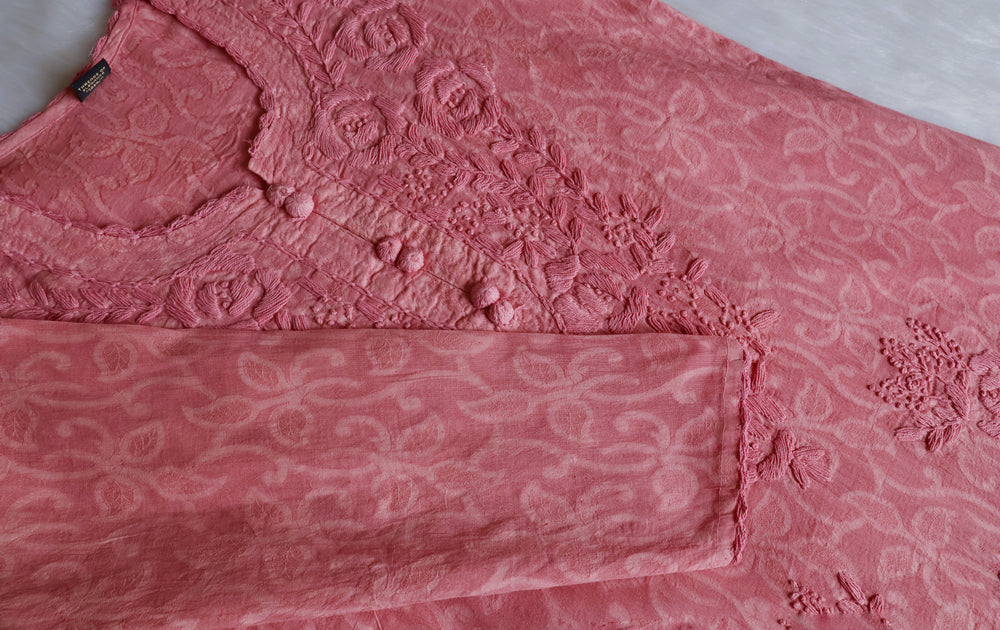 Dusty Rose Long Jacquard Lace Cotton kurta - Noor Chikankari