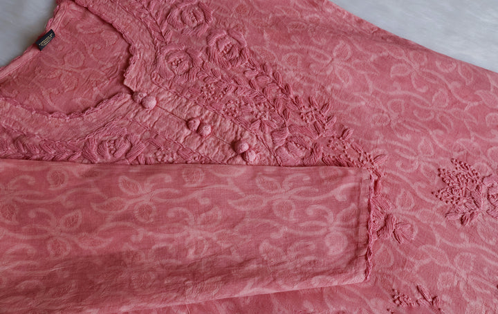 Dusty Rose Long Jacquard Lace Cotton kurta - Noor Chikankari