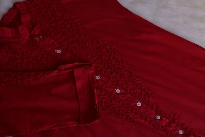 Nazakat Maroon Pure Cotton Kurta Set - Noor Chikankari