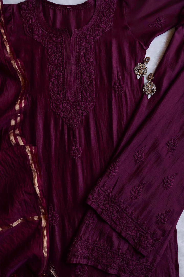 Zimra Luxe Deep Purple 3 Piece Pure Chanderi set