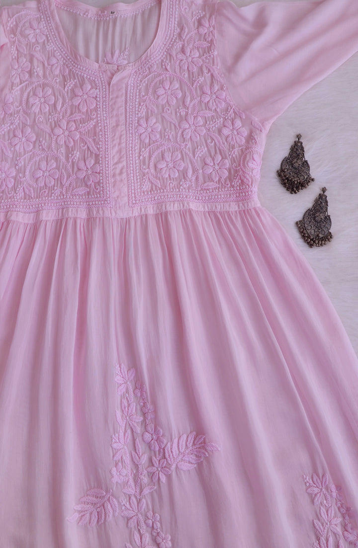 Aafiyat Pure Muslin Baby Pink Chikankari Fit and Flare dress