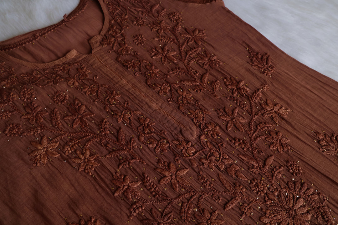 Naqsh Chocolate Brown Pure Chanderi Mulmul Set