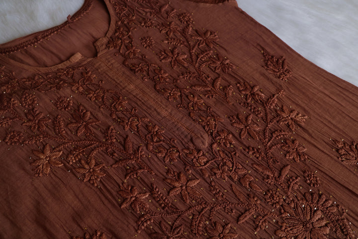 Naqsh Chocolate Brown Pure Chanderi Mulmul Set