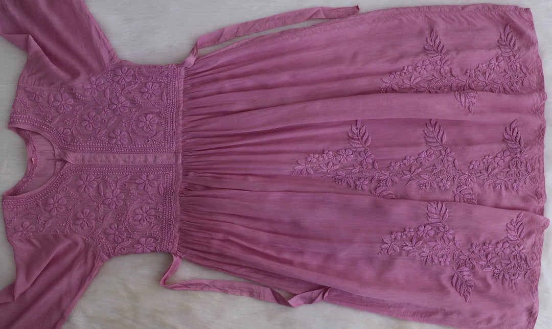 Aafiyat Pure Muslin Dusty Purple Chikankari Fit and Flare dress