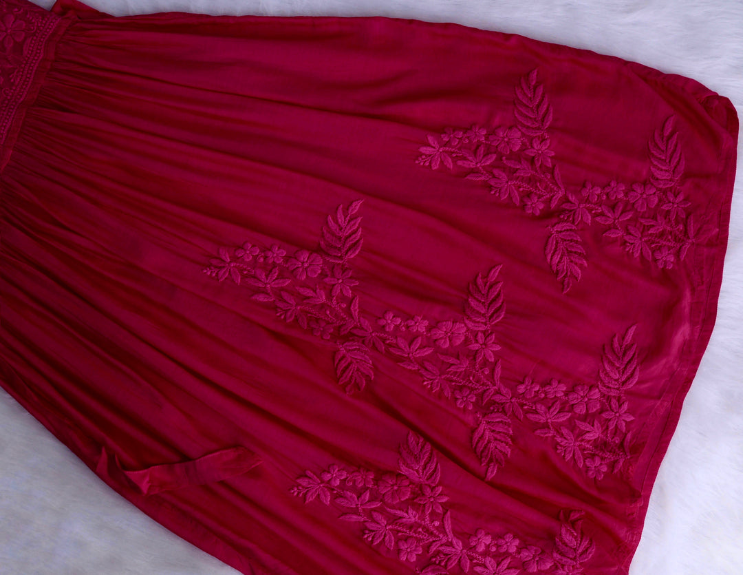 Aafiyat Pure Muslin Deep Pink Chikankari Fit and Flare dress