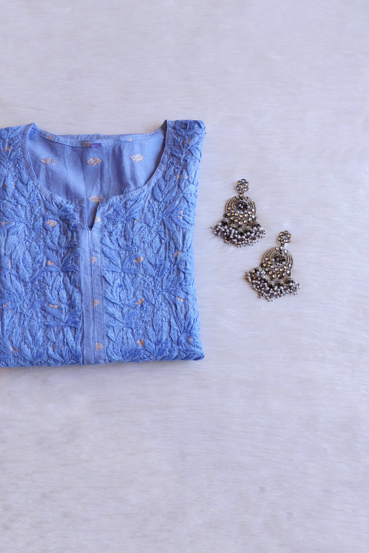 Nazakat Ice Blue Long Chanderi Kurta