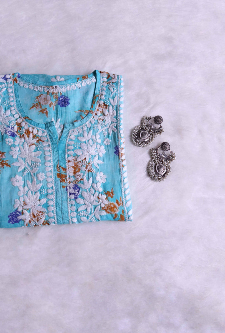 Gul Premium Blue Floral Long MulMul kurta