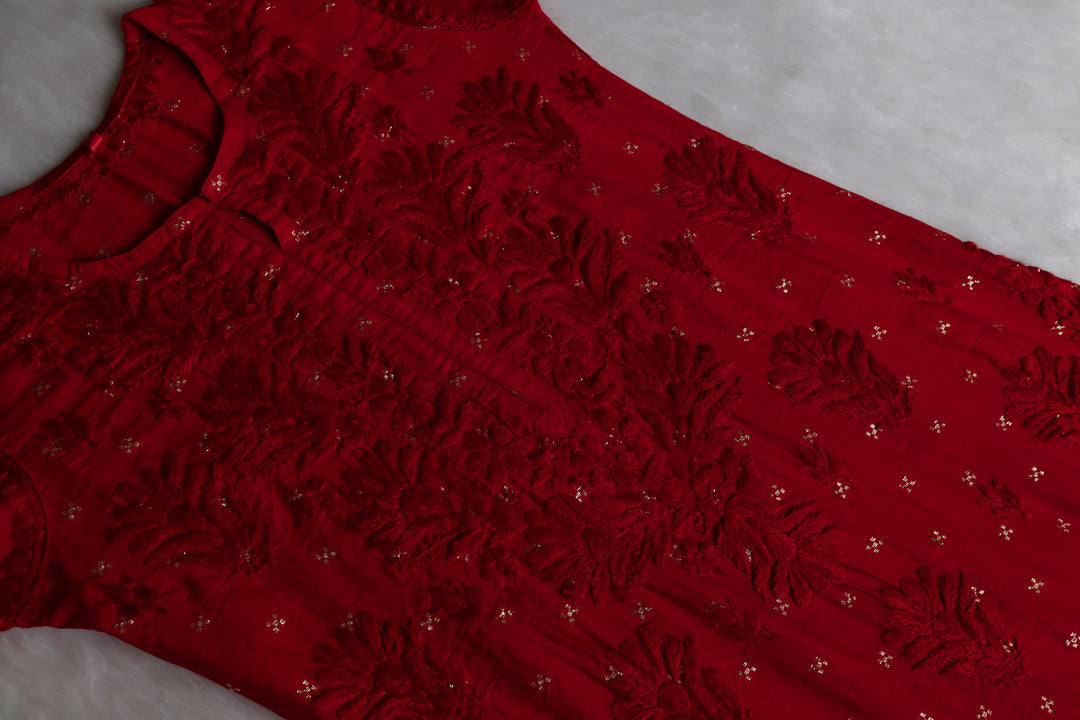 Nazakat Deep Red Premium Long Chanderi Kurta