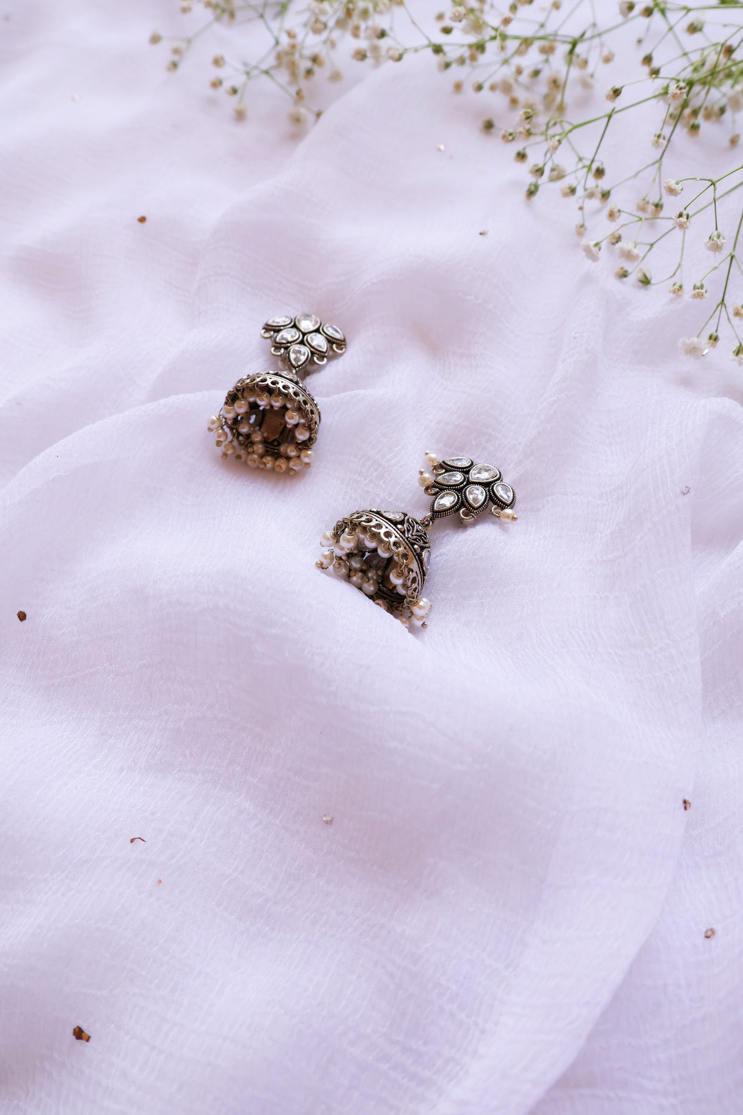 Silver Stone & Pearl Oxidised Jhumkas