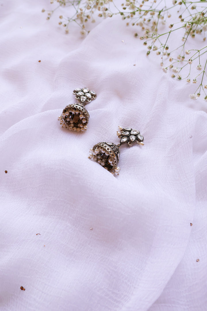 Silver Stone & Pearl Oxidised Jhumkas