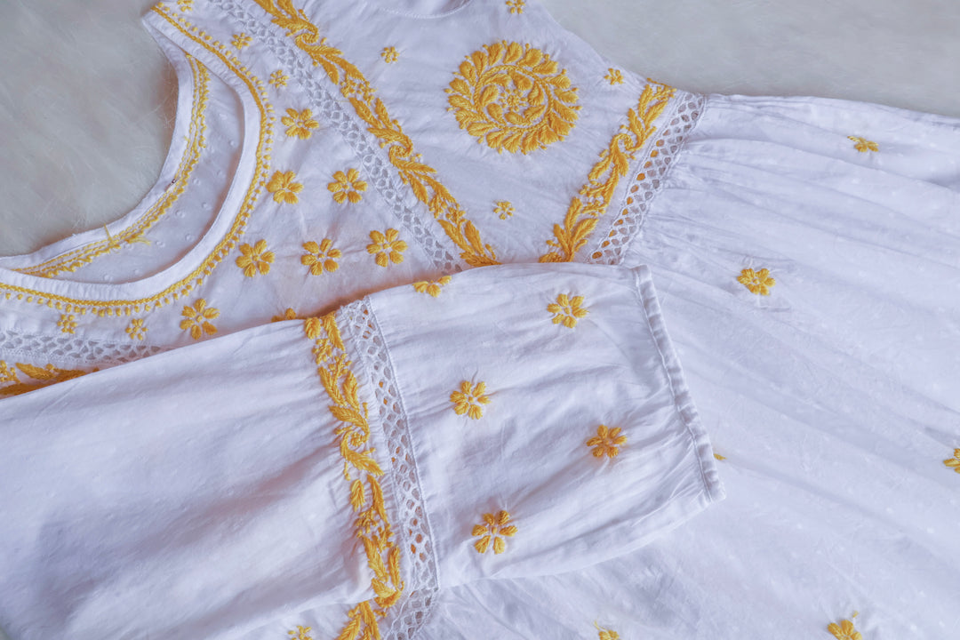 Nazakat White & Pastel Yellow Cotton Peplum kurta
