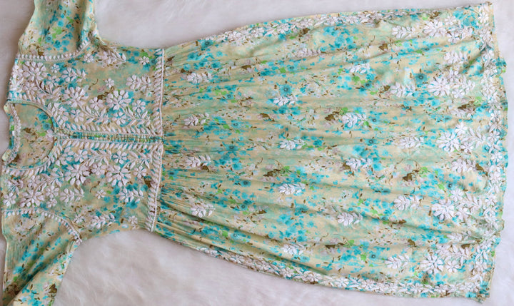 Inayah Beige & Blue Floral Mulmul Nyra Cut Dress