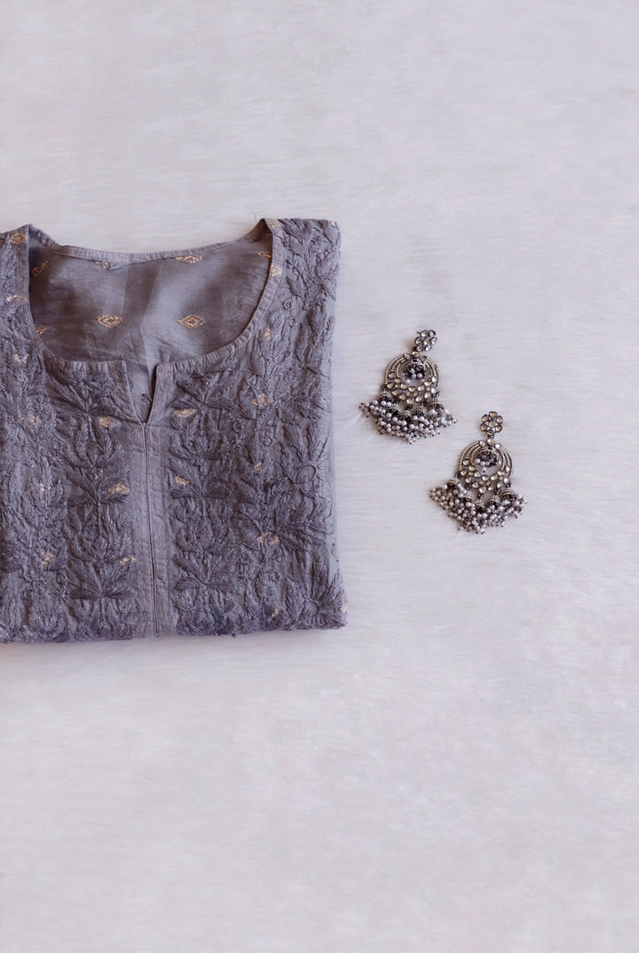 Nazakat Grey Long Chanderi Kurta