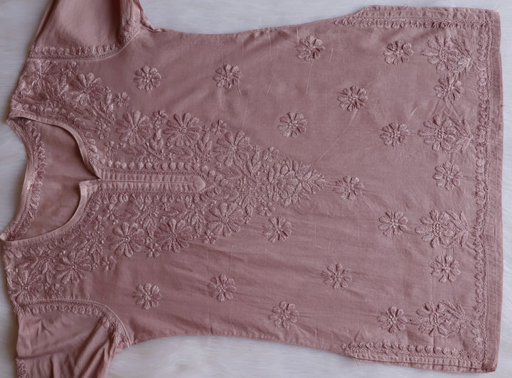 Nazakat Beige Cotton short kurta - Noor Chikankari