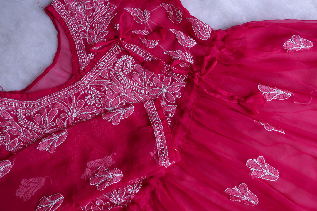 Deep Pink & White Georgette Angrakha frock