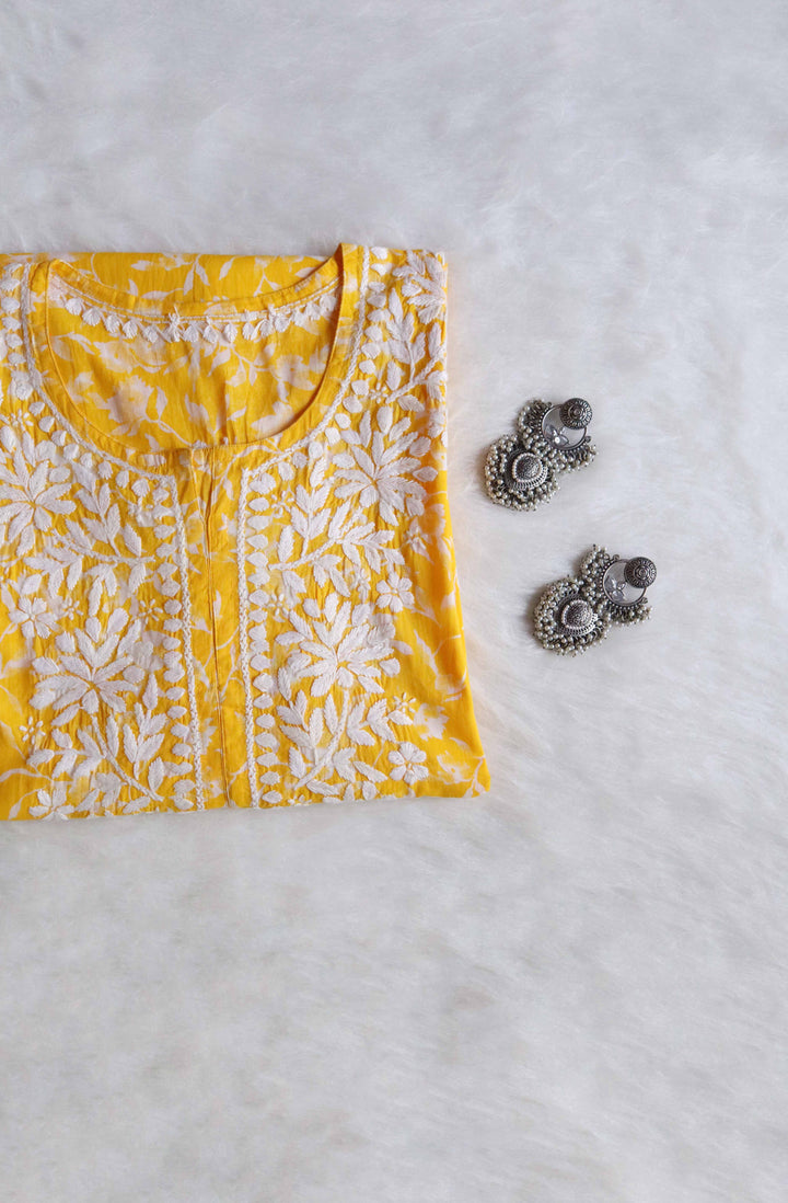 Nazakat Yellow Floral Long MulMul kurta