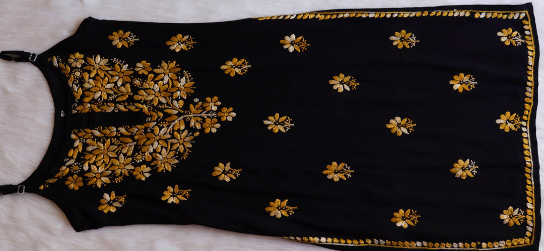 Sanam Black & Yellow Noodle Strap 3 Piece Kurta set - Noor Chikankari