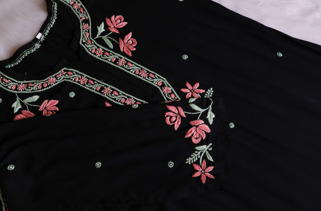 Gul Kashmiri Black & Rose Pink Modal Kurta Set