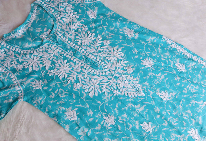 Nazakat Mint Blue Floral Long MulMul kurta