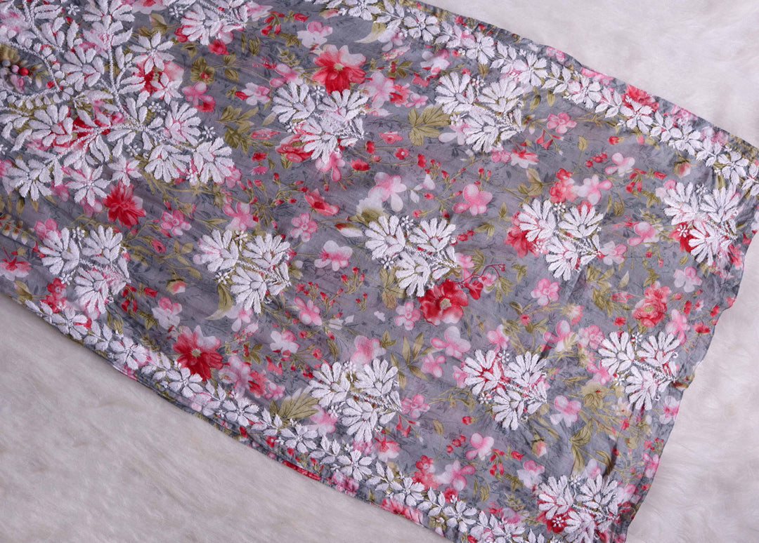 Abiha Grey Floral Luxe MulMul kurta