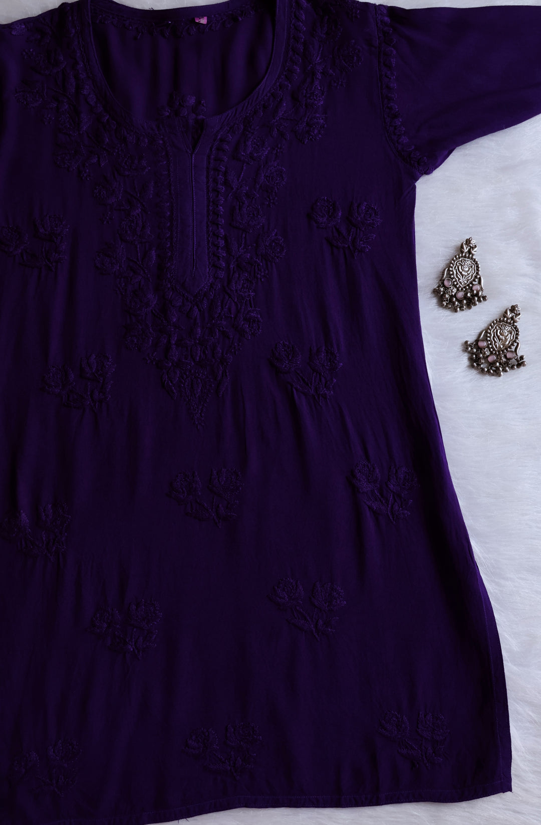 Gul Deep Purple Short Rayon Kurta - Noor Chikankari