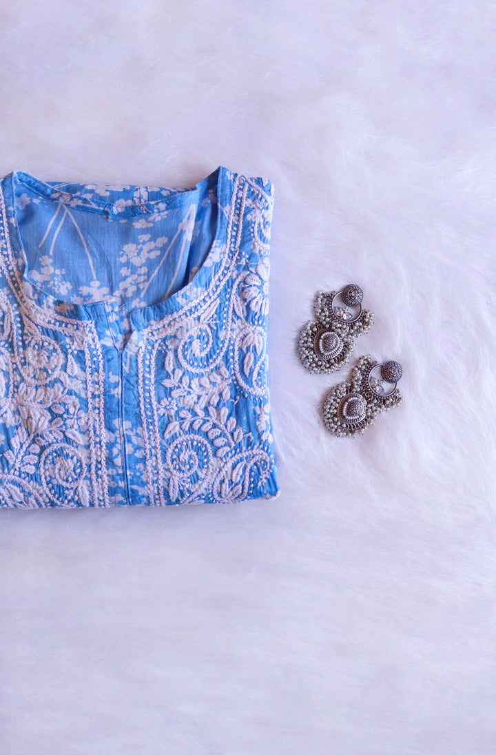 Farhaa Ice Blue Floral Long MulMul kurta