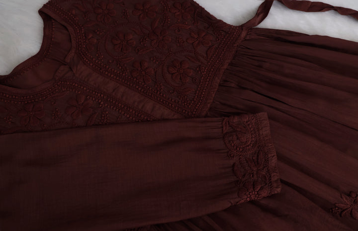 Aafiyat Pure Muslin Chocolate Brown Chikankari Fit and Flare dress